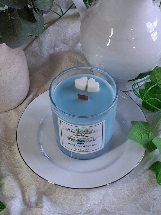Eco-friendly Soy Wax Wood Sage & Sea Salt Wood Wick Candle with Minihearts